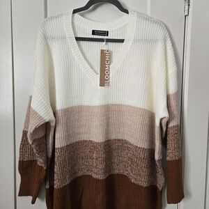 BloomChic Women's V-Neck Colorblock Knit Sweater in Cream and Brown Tones